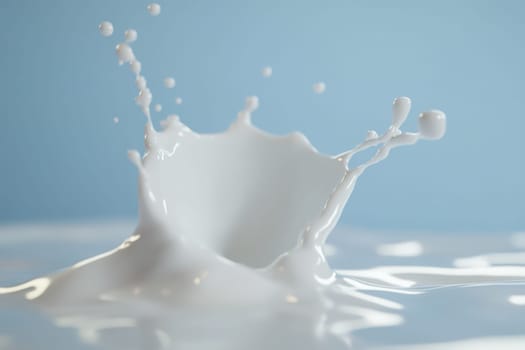 A stunning splash of milk rises elegantly against a soft blue background, creating a minimalist and clean look that captures the essence of freshness and simplicity.
