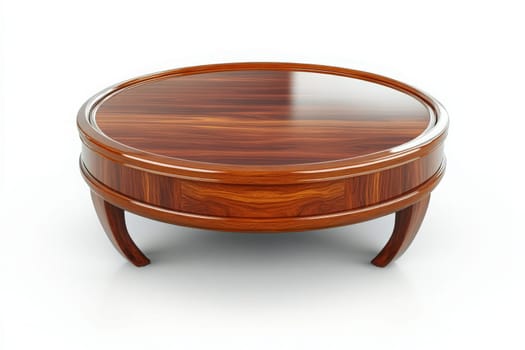 A stylish round coffee table made of polished wood stands alone in a minimalist living area, enhancing the modern aesthetic. Its smooth surface reflects light, creating an inviting atmosphere.