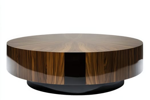 A stylish coffee table is showcased in the center of a minimalist space, highlighting its sleek design and rich wood finish. The modern piece serves as a focal point in a contemporary setting.