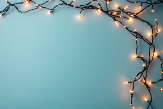 Delicate fairy lights twinkle warmly against a solid blue background, creating a serene and charming atmosphere ideal for celebrations or cozy gatherings. The arrangement highlights the lights glow.