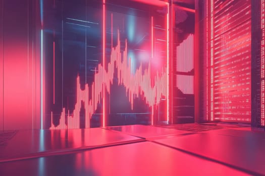 Financial turmoil is represented through a sleek, minimalist design featuring glowing digital graphs and vibrant lighting. The ambiance reflects the intense nature of the stock market environment.