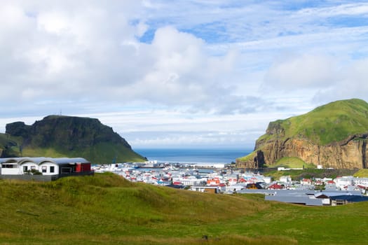 Heimaey town aerial view from Eldfell volcano. Iceland landscape. Westman Islands