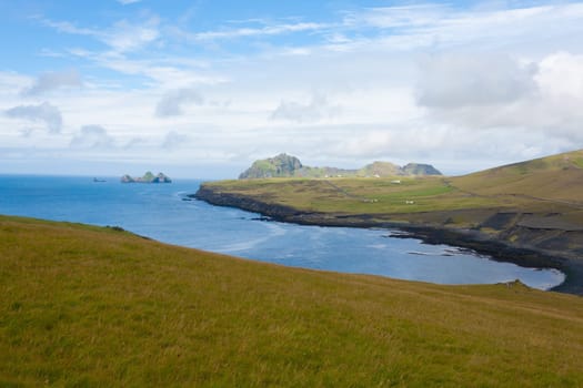 Westman Islands beach view with archipelago island in background. Iceland landscape.Vestmannaeyjar