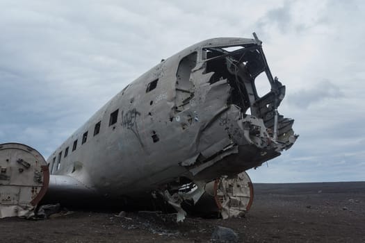 Solheimasandur plane wreck view. South Iceland landmark. Abandoned plane on beach