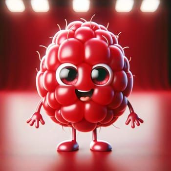 A cute, cartoon raspberry with big eyes and a cheerful smile. The raspberry is standing on a red background, creating a vibrant and playful scene. A high-quality photo.