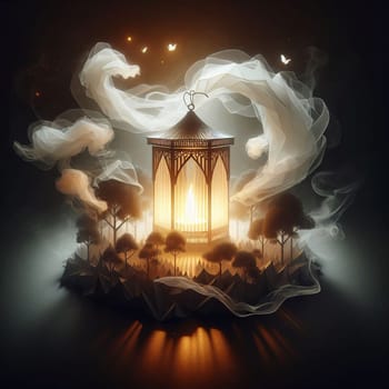 A glowing lantern sits on a small island surrounded by trees and mist. The lantern emits a warm, golden light, creating a magical and whimsical scene. A high-quality photo.