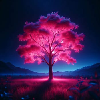 A single, pink-glowing tree stands in a field against a dark, starry night sky. The tree illuminates the surrounding grass and mountains, creating a surreal scene. A high-quality photo.