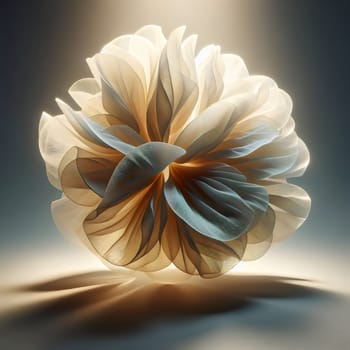 Abstract image of a delicate, flower-like form made of translucent, flowing lines. The flower is glowing with a warm, golden light, creating a sense of ethereal beauty. A high-quality photo.