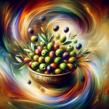A bowl of olives with green leaves, surrounded by swirling, colorful brushstrokes. The olives are vibrant and colorful, creating a sense of freshness and abundance. A high-quality photo.