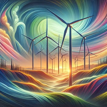 A field of wind turbines against a colorful, swirling sky. The wind turbines are a symbol of clean energy and sustainability. A high-quality photo.