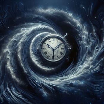 A clock with Roman numerals is surrounded by swirling clouds and stars, creating a sense of time and motion. The scene is mysterious and evocative. A high-quality photo.