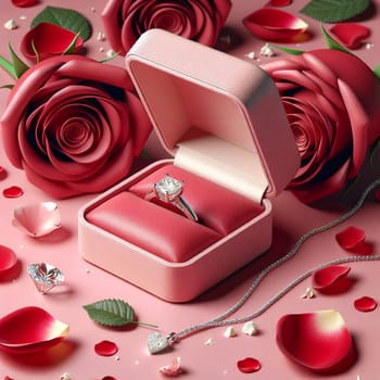 A close-up shot of a diamond ring in a velvet box, surrounded by red roses and rose petals. The scene is romantic and elegant, perfect for a special occasion. A high-quality photo.
