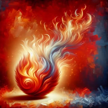 Abstract painting of a swirling, fiery sphere. The flames are vibrant and dynamic, with shades of red, orange, and white. The background is a mix of red and blue brushstrokes. A high-quality photo.