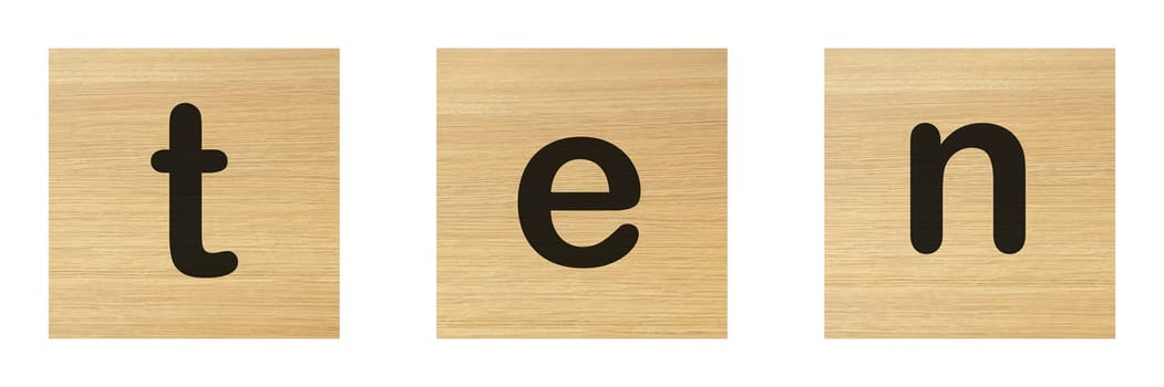 A ten word with wood blocks on white