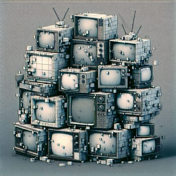 A stack of vintage televisions arranged in a cubist style, creating a unique and eye-catching composition. The televisions are in black and white, with a pixelated effect. A high-quality photo.
