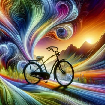 A vintage bicycle parked in a field of vibrant colors, with a sunset in the background. The scene is a nostalgic representation of freedom and adventure. A high-quality photo.