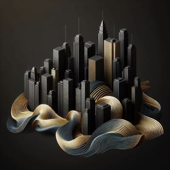 A miniature city made of black and gold buildings sits on a platform of swirling black and gold ribbons. The scene is minimalist and geometric. A high-quality photo.