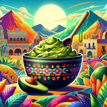 A bowl of guacamole with a wooden spoon, set against a colorful background of a Mexican landscape. The scene is vibrant and festive, with a sense of culture and tradition. A high-quality photo.