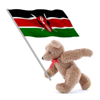 A Kenya flag being carried by a cute teddy bear