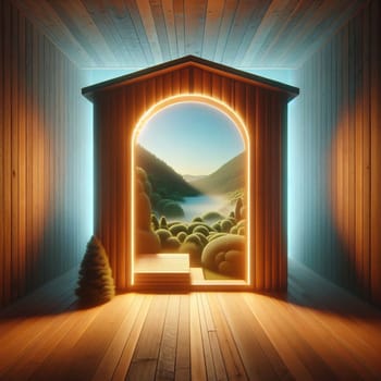 A wooden hut with a glowing archway. The archway leads to a beautiful landscape of a misty valley surrounded by green trees. A high-quality photo.