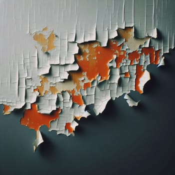 Close-up image of cracked paint on a wall. The paint is peeling and flaking, revealing a layer of orange paint underneath. The image is gritty and textured. A high-quality photo.