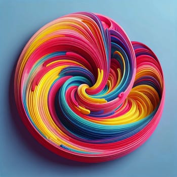 Abstract image of a colorful, swirling spiral made of layered, curved shapes. The colors are bright and vibrant, creating a dynamic and eye-catching design. A high-quality photo.