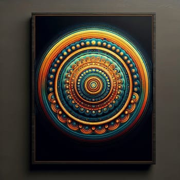 A framed, abstract artwork depicting a circular pattern with intricate details. The artwork is a mix of blue, green, and yellow colors, creating a visually stimulating piece. A high-quality photo.