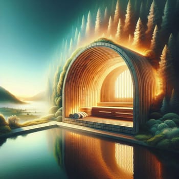 A wooden sauna situated in a forest setting, overlooking a tranquil lake. The sauna is illuminated with warm, golden light, creating a sense of relaxation and serenity. A high-quality photo.