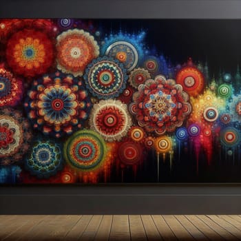 A large, colorful mandala framed on a wall. The mandala is intricate and detailed, with a variety of colors and patterns. The scene is set in a room with wooden floors. A high-quality photo.