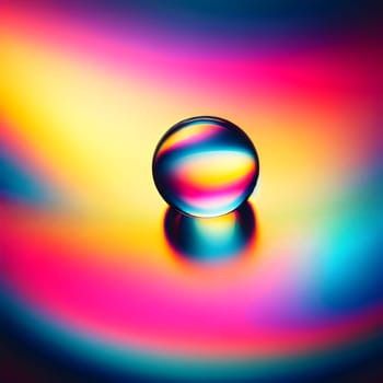 A glass sphere sits on a colorful, iridescent surface. The sphere reflects the light of the surface, creating a vibrant and dynamic image. A high-quality photo.
