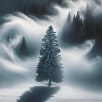 A lone, snow-covered evergreen tree stands in a misty forest. The scene is tranquil and serene, with a soft, blue light illuminating the tree. A high-quality photo.