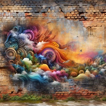 A colorful mural painted on a brick wall. The mural depicts a swirling, abstract landscape of clouds, mountains, and trees. The colors are vibrant and expressive. A high-quality photo.