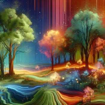 A vibrant, colorful forest scene with glowing lights and swirling lines, representing the magic and wonder of nature. A high-quality photo.