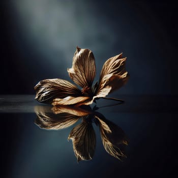 A single, withered flower lies on a reflective surface, its delicate petals reflecting the soft light. The background is a deep blue, creating a sense of introspection. A high-quality photo.