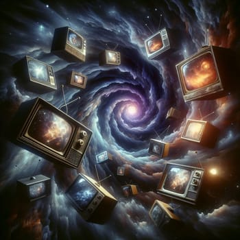 A surreal image of vintage televisions floating in a swirling galaxy. The televisions are showing images of stars and galaxies, creating a sense of wonder and mystery. A high-quality photo.