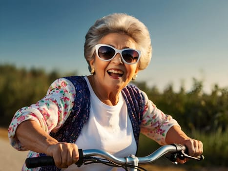 Funny happy grandmother riding bike