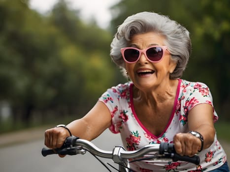 Funny happy grandmother riding bike