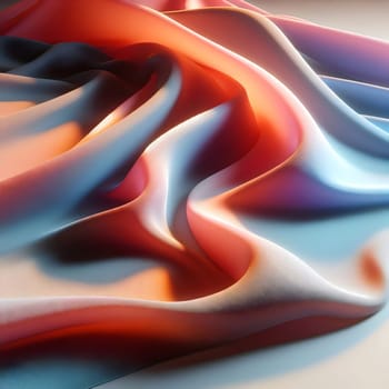 Abstract image of flowing, iridescent fabric in shades of blue, pink, and orange. The fabric is draped and folded, creating a sense of movement and fluidity. A high-quality photo.