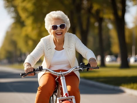 Funny happy grandmother riding bike