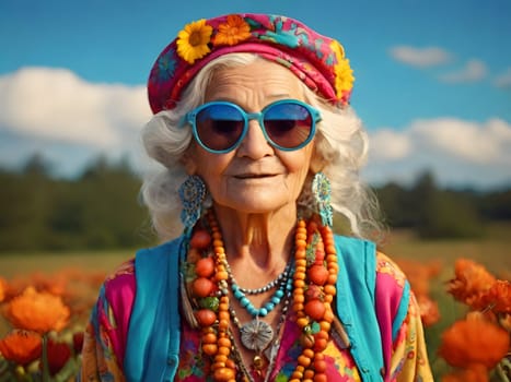 Funny happy old woman with sunglasses