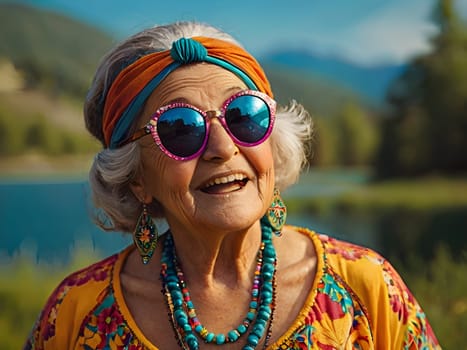 Funny happy old woman with sunglasses