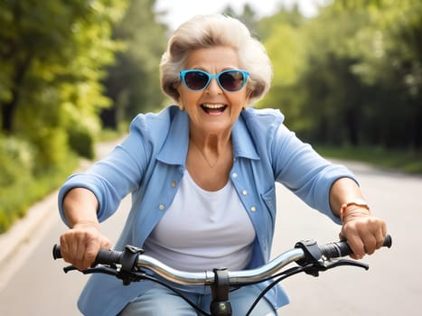 Funny happy grandmother riding bike