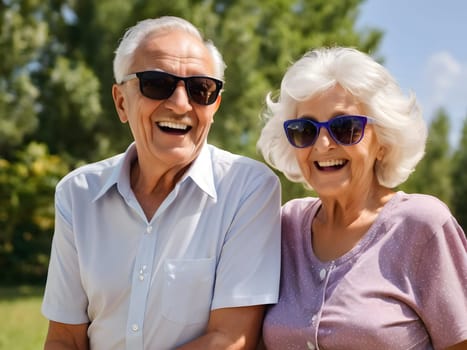 Funny happy elderly couple outdoors