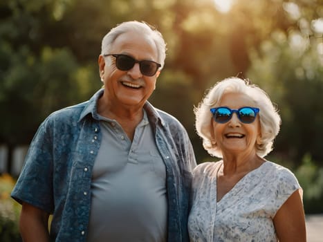 Funny happy elderly couple outdoors