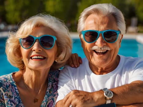 Funny happy elderly couple outdoors