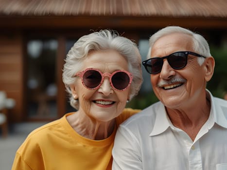 Funny happy elderly couple outdoors