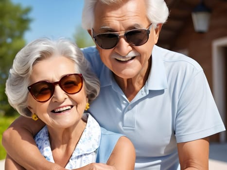 Funny happy elderly couple outdoors