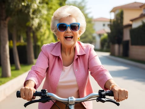 Funny happy grandmother riding bike