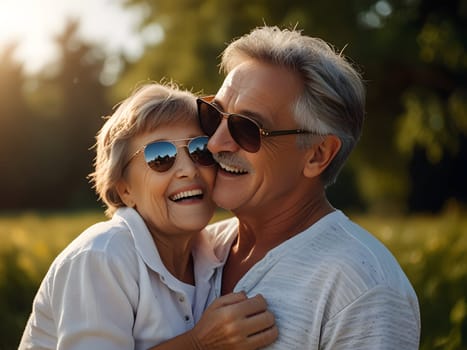 Funny happy elderly couple outdoors