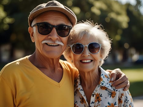 Funny happy elderly couple outdoors